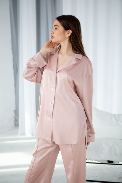 Oversized pink-beige viscose silk shirt