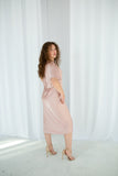 Pink-beige classic midi silk satin dress with ruffle short sleeves