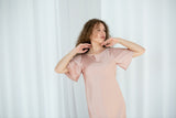 Pink-beige classic midi silk satin dress with ruffle short sleeves