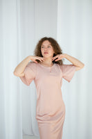 Pink-beige classic midi silk satin dress with ruffle short sleeves