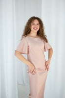 Pink-beige classic midi silk satin dress with ruffle short sleeves