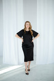 Black classic midi silk satin dress with ruffle short sleeves