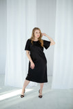 Black classic midi silk satin dress with ruffle short sleeves
