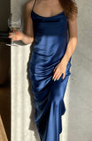 Cowl neck grey blue silk satin slip maxi dress with open back "DAISY"