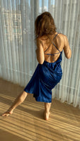 Cowl neck navy blue silk satin slip maxi dress with open back "DAISY"