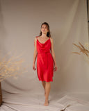 Red mini cowl neck silk satin slip dress