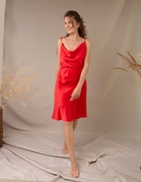 Red mini cowl neck silk satin slip dress