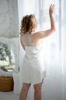 White silk satin robe and nightgown set with lace