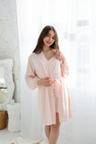 Pink silk satin robe and nightgown set with lace