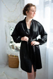 Black silk satin robe and nightgown set with lace