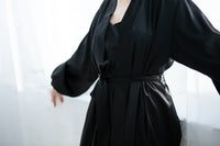Black silk satin robe and nightgown set with lace