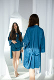 Silk satin robe and one-piece pajama set. Teal sleep bodysuit "Lotus"