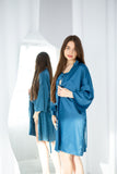Silk satin robe and one-piece pajama set. Teal sleep bodysuit "Lotus"