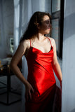 Cowl neck red silk satin slip maxi dress with open back "DAISY"