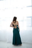 Cowl neck green silk satin slip maxi dress with open back "DAISY"