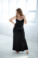 Cowl neck black silk satin slip maxi dress with open back "DAISY"