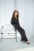 Oversized black viscose silk shirt and wide pants lounge set.