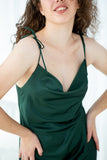 Green midi silk slip dress with cowl neckline