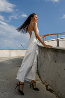 Maxi white silk slip dress with cowl neck and open back "DAISY"