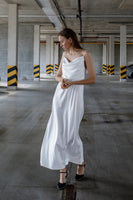 White midi silk slip dress with cowl neckline