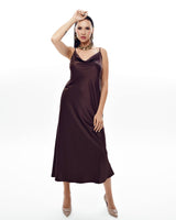 Dark brown MAXI silk slip dress with cowl neckline