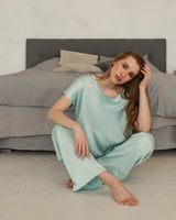 Silk pajama set. Long pants and loose blouse.