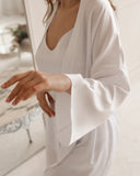 Bridal white silk robe and pajama set. Silk camisole and sleep shorts PJ set.