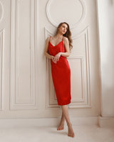 Red silk classic sexy slip dress. Midi satin slip dress.