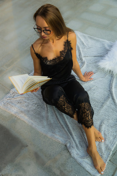 Black silk camisole and pants pajama set. Loungewear silk sleep set. –  Fayna Boutique
