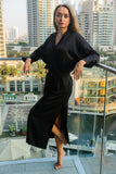 Black Long Silk Satin Kimono Robe With Side Slits