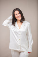 Bridal ivory silk satin pajama set. Elegant long sleeve sleepwear.