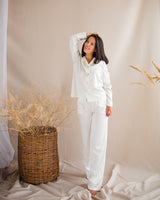 Bridal ivory silk satin pajama set. Elegant long sleeve sleepwear.