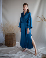 Teal silk long kimono robe. Personalized bridesmaid's robes.