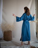Teal silk long kimono robe. Personalized bridesmaid's robes.