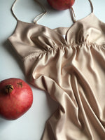 Boudoir maxi silk slip dress with high slit.