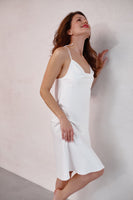 White silk slip dress with cowl neck. Classic woman midi satin slip dress.