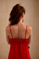 Red silk slip dress deep V neckline. Nightgown mini slip.