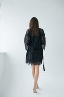 Lace robe kimono and silk satin mini slip dress. Peignoir set.