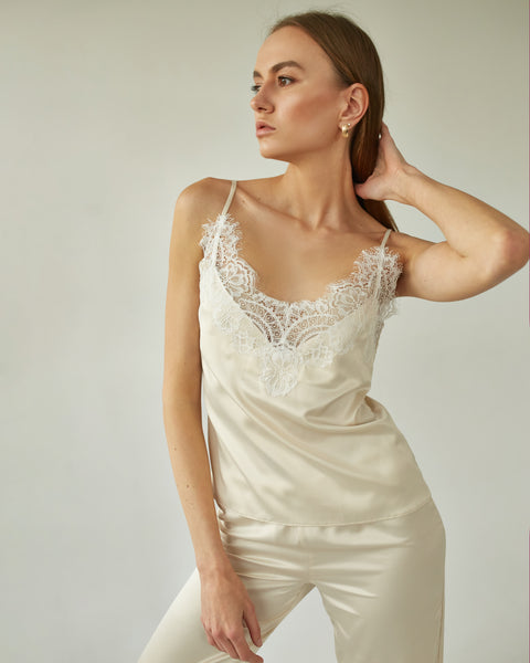White silk pajama pants and camisole set. Bridal Getting ready outfit. –  Fayna Boutique