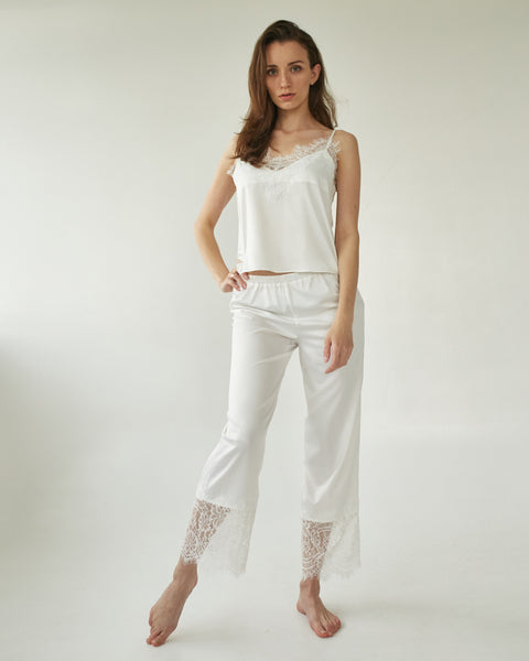 Halter Neck Cami and Lace Trim Pajama Set - Gray / S