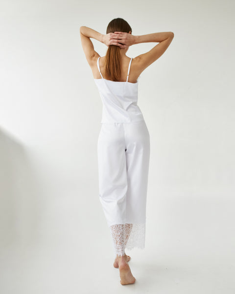 White silk pajama pants and camisole set. Bridal Getting ready