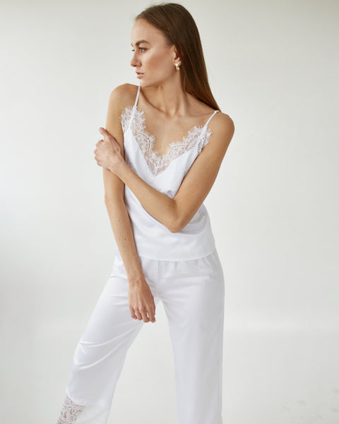 White silk pajama pants and camisole set. Bridal Getting ready