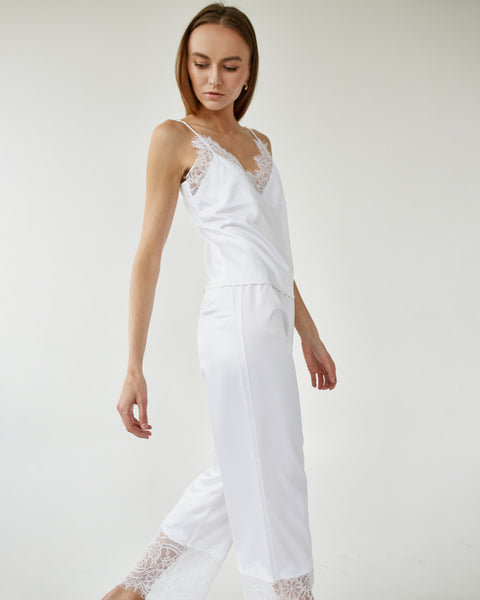 LAKE  Women  Pima Cotton Pajamas  White Pointelle Pajama Pants Set