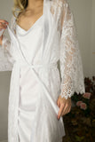 Bridal long lace robe and silk satin midi slip set.
