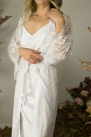 Bridal long lace robe and silk satin midi slip set.