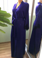 Silk long robe with side slits and lace trim