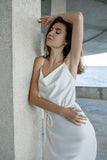 White silk slip dress with cowl neck. Classic woman midi satin slip dress.