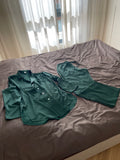 Oversized dark green viscose silk shirt and wide pants lounge set.