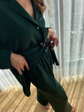 Oversized dark green viscose silk shirt and wide pants lounge set.